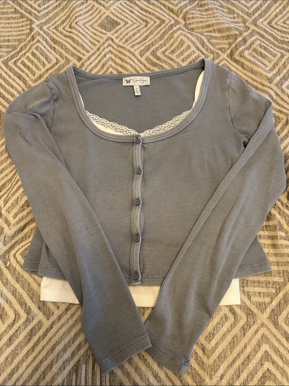 Jessica Simpson Dusty Blue Ribbed Button-Front Long Sleeve Top with Lace Trim